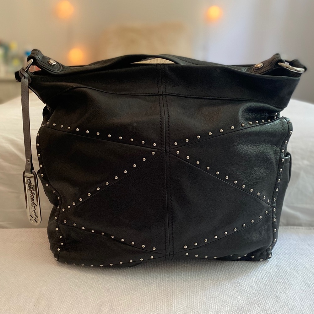 Black Studded Leather B. Makowsky Slouchy Tote